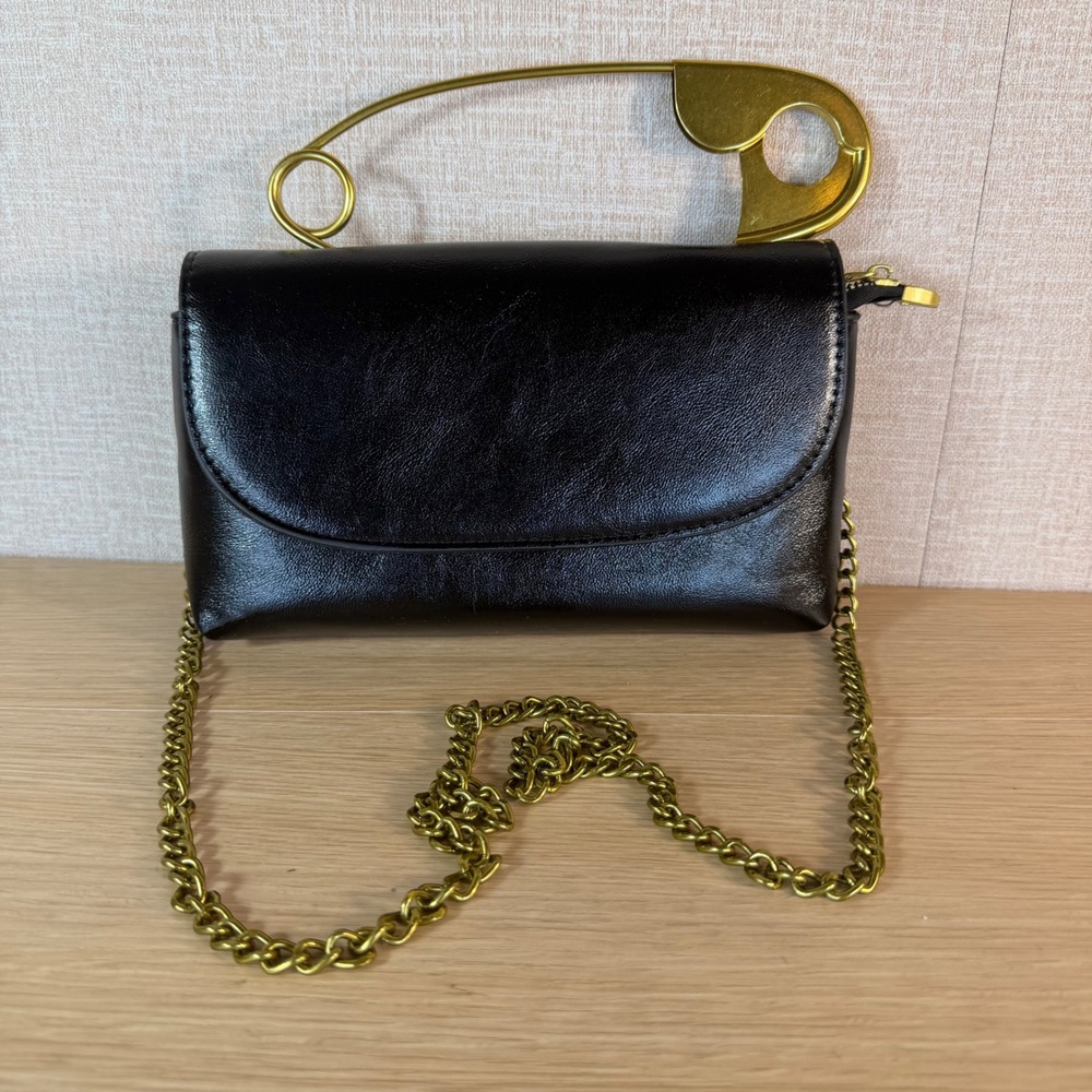 Black Crossbody Shoulder Bag Gold Chain Oversized Safety Pin Statement Purse